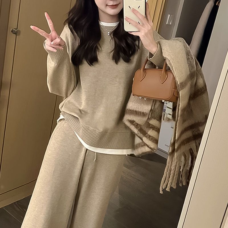 High-Quality Autumn New Sweater Wide-Leg Pants Women's Two-Piece Set Sports Casual Fashion Suit_voghion.com