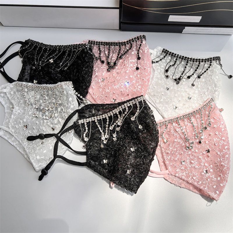 Lace Summer Mask Personalized Tassel Butterfly Diamond Decorative Mask Washable Breathable Mesh Veil_voghion.com
