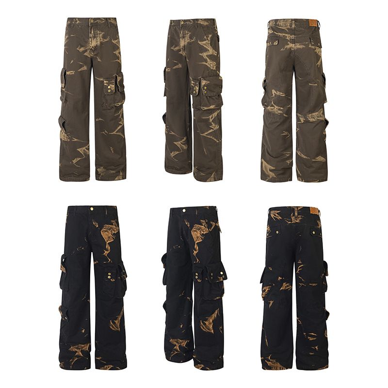 Herrenbekleidung High Street Hip Hop Vibe Schlanker Funktionsoverall für Damen und Herren mit Retro-Flammendesign und locker ausgestellter Jeanshose_voghion.com