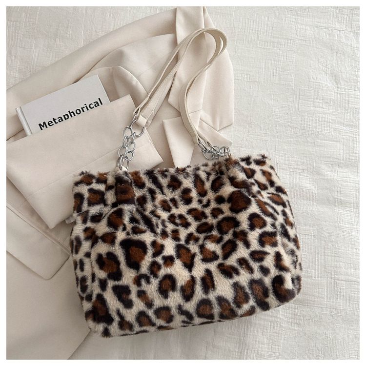 Eenvoudige tas met grote capaciteit, modieuze luipaardprint, pluchen tas, sfeervolle, harige schoudertas voor dames_voghion.com