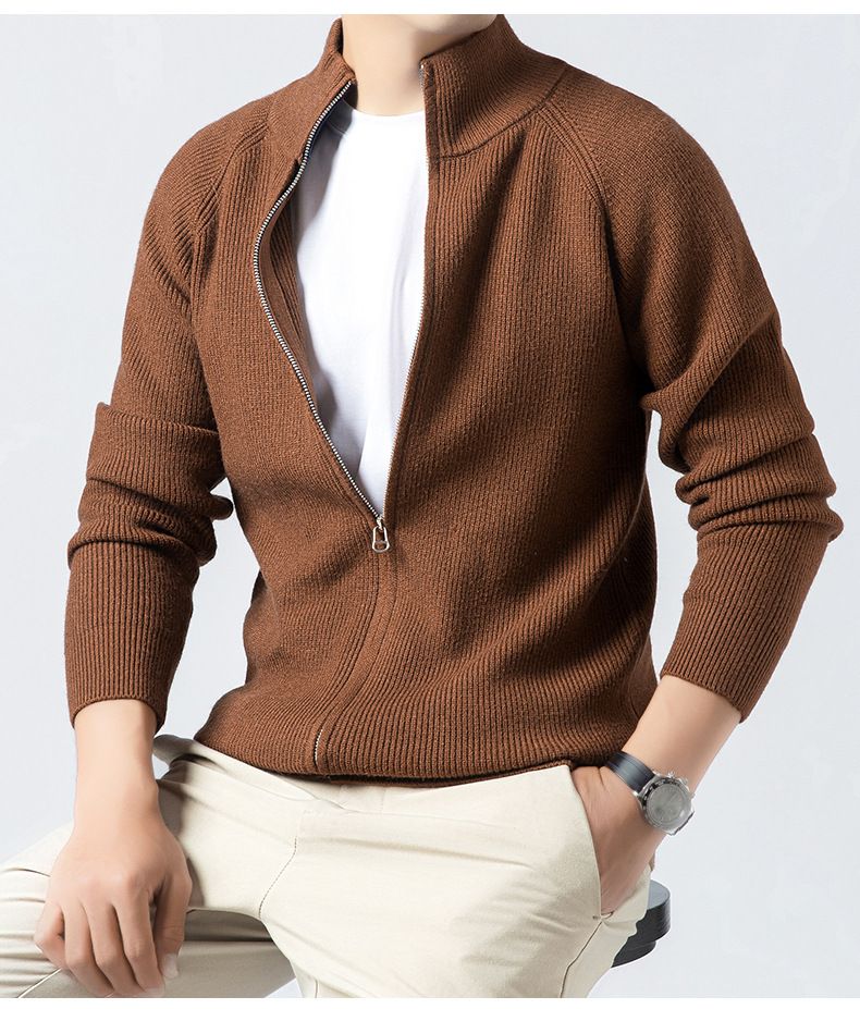 "Men's Textured Knit Cardigan – Stand Collar Drop Shoulder Sweater (Brown/Grey/Black/Navy, Sizes M-XXXL)"_voghion.com