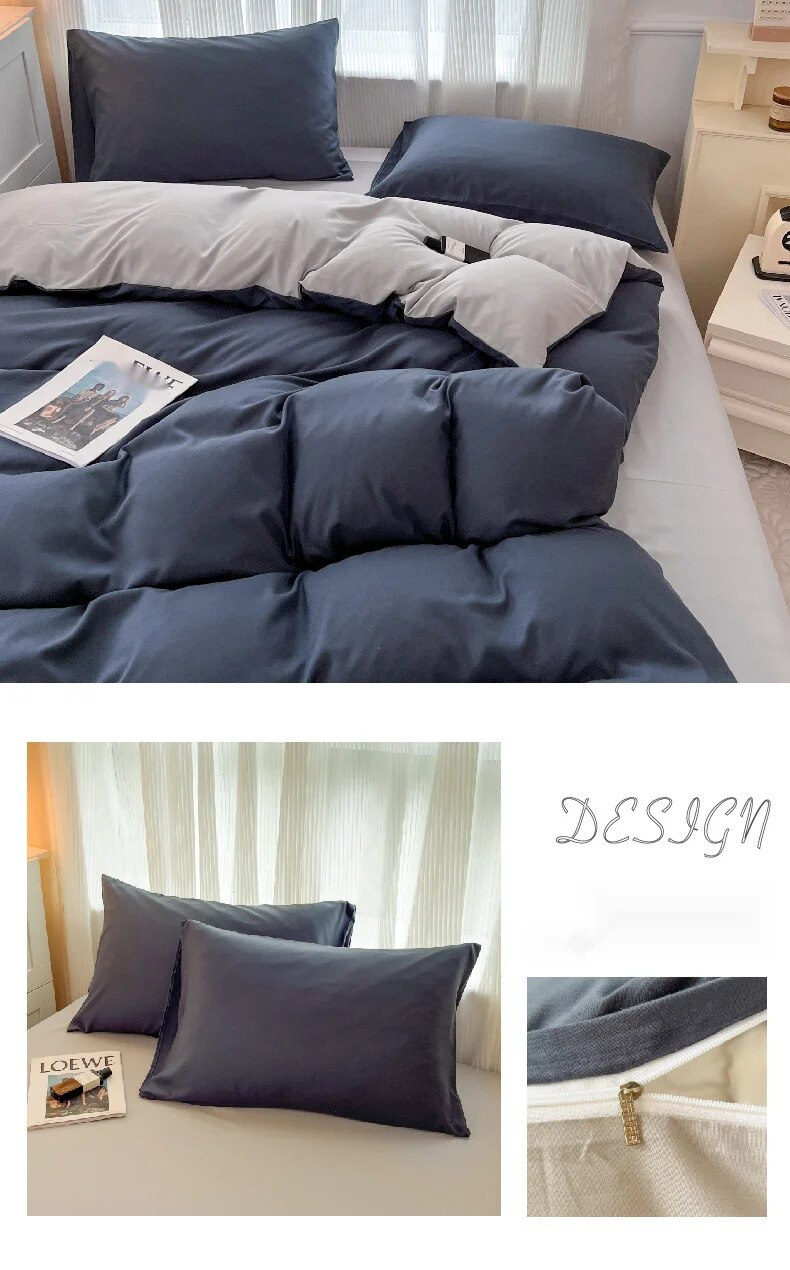 Juego de cuatro piezas de color sólido, funda nórdica cepillada lavada simple, ropa de cama de primavera para dormitorio de estudiantes de estilo moderno_voghion.com