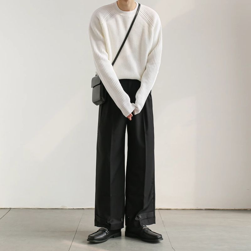 Minimalist Büyük Boy Yuvarlak Yaka Kazak - Kırışmaz Polyester Karışımı, Unisex, Katmanlı Giymeye Uygun (Siyah/Beyaz, M-XXL)_voghion.com