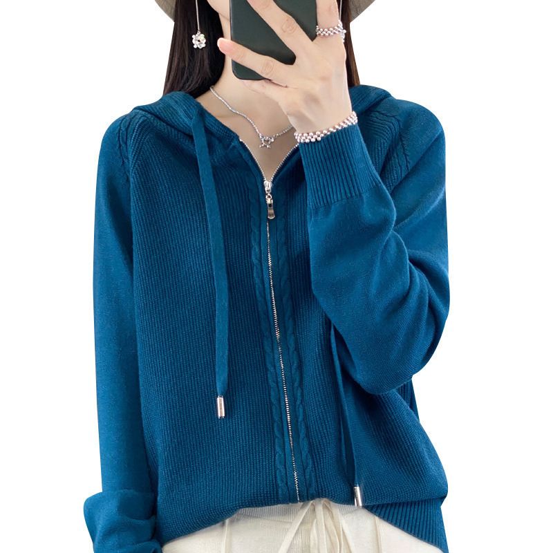 Double Zipper Knitted Cardigan Women's Hooded Sweater Autumn Winter New Loose Casual Solid Color Versatile Coat_voghion.com