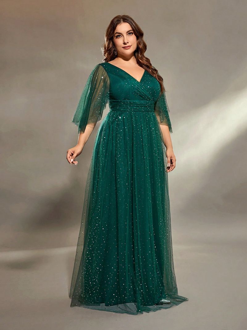 Mgiacy Plus Size V-neck Cro Chest Sklady Nepravidelný dlouhý rukáv File Síťovina Plná sukně Večerní šaty Plesová párty_voghion.com
