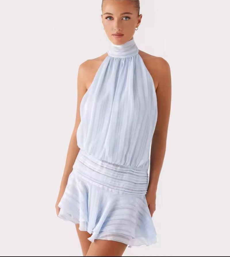 Elegantes Neckholder-Satinkleid – Stretch-Polyester, hohe Taille, kurzer Saum für Damen (Aprikose, Rot, Lila, Gelb, Pink, Hellblau)_voghion.com