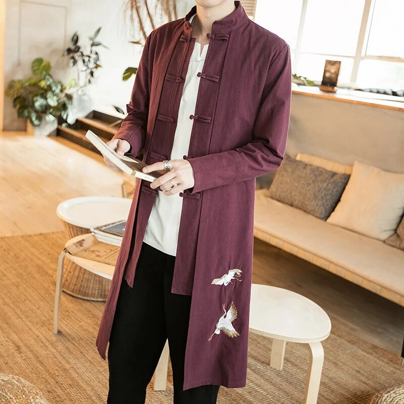 Abbigliamento cinese primavera-autunno, Hanfu in stile antico, giacca a vento di media lunghezza, abito Tang da uomo, mantello, taoista abbottonato_voghion.com