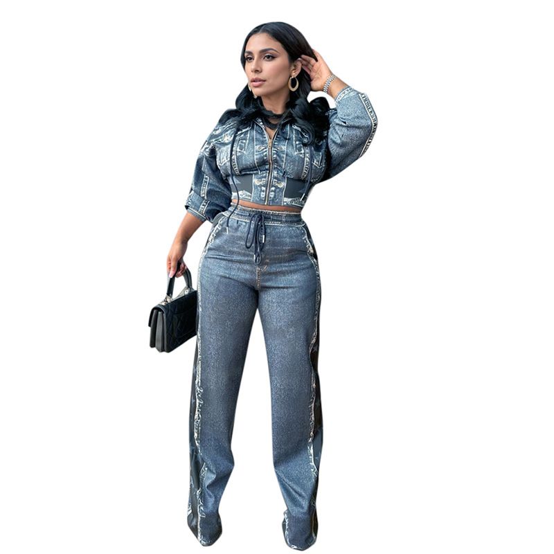 Damkläder High End liten doftstil Retro jeanstryck Jacka Byxor med vida ben Tvådelad kostym_voghion.com