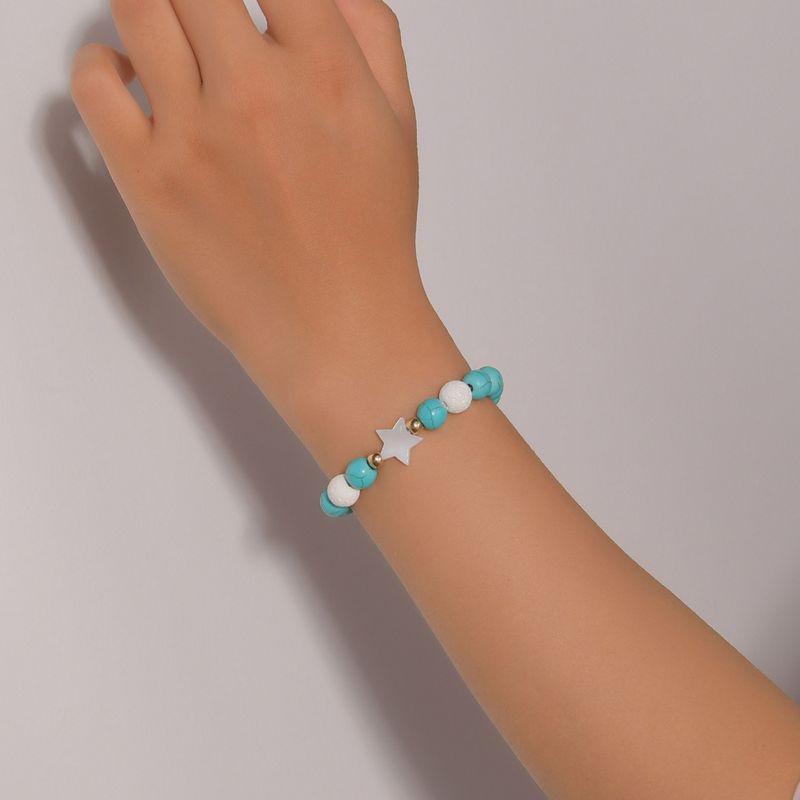 Fashionable Turquoise Round Bead Starfish Minimalist Women's Elastic Adjustable Bracelet_voghion.com