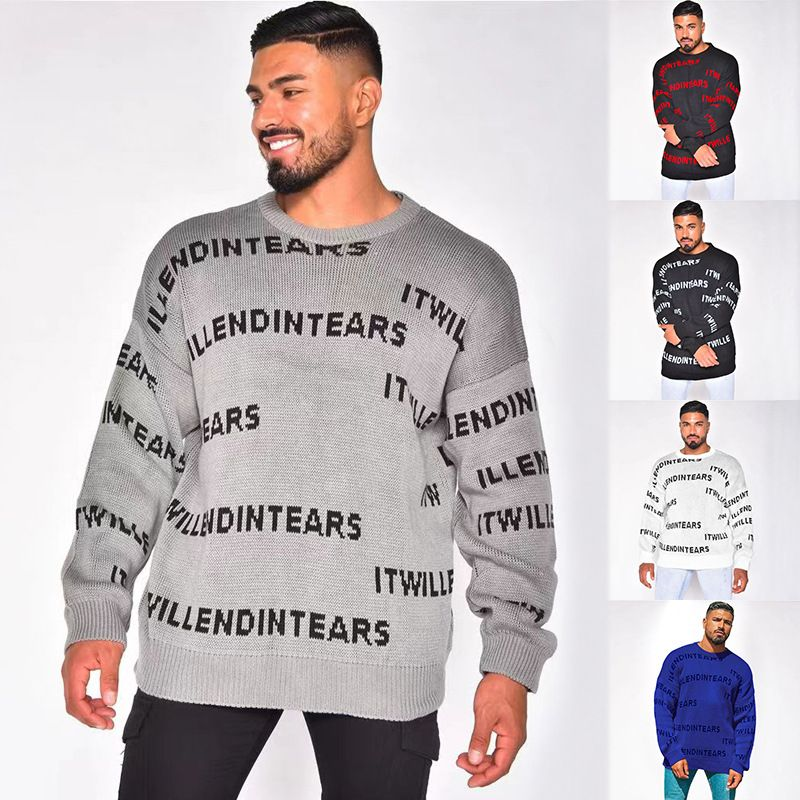 Men's Knit Letter American High Street Leisure Round Neck Loose Soft Waffle Pullover Top Men_voghion.com