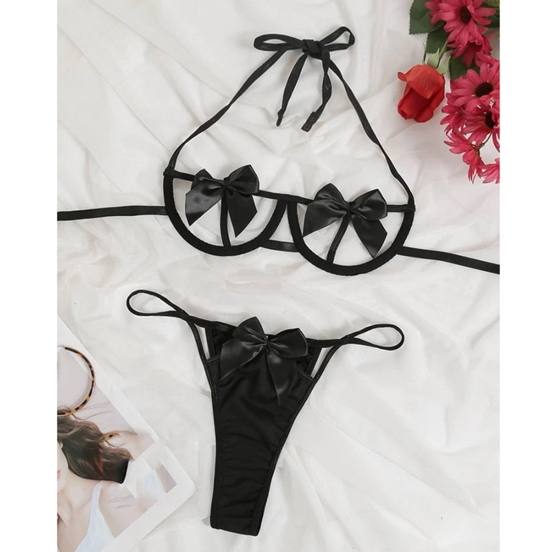 Conjunto de lencería sexy de encaje a la moda, sujetador, bragas, ropa interior femenina, ligas huecas sexys, tanga con lazo, conjunto de lencería, lencería_voghion.com