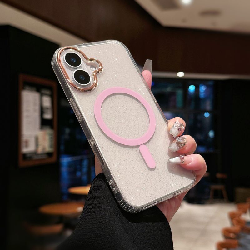 Glitter Magnetic Phone Case For IPhone 15/16 - Premium Electroplated Transparent Cover With Large Camera Cutouts (Gold Sparkle)_voghion.com