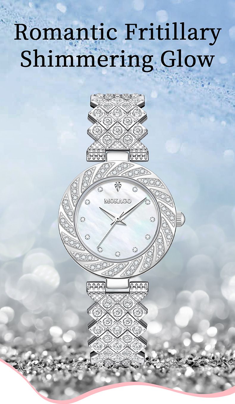 Women's Elegant Waterproof Quartz Watch With Mother-of-Pearl Dial And Diamond Accents, Minimalist Round Wristwatch For Daily Wear_voghion.com