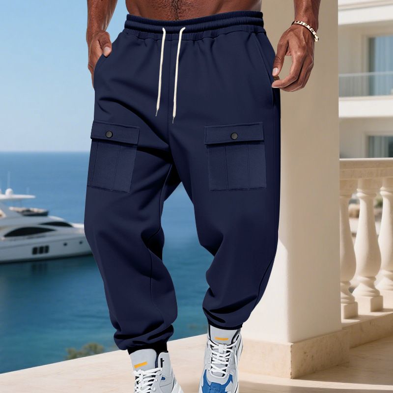 Herren-Cargo-Jogginghose mit schwerem Fleecefutter – Winter-Arbeitshose mit mehreren Taschen und Kordelzug in der Taille (knitterfrei, Schwarz/Marineblau/Grau)_voghion.com