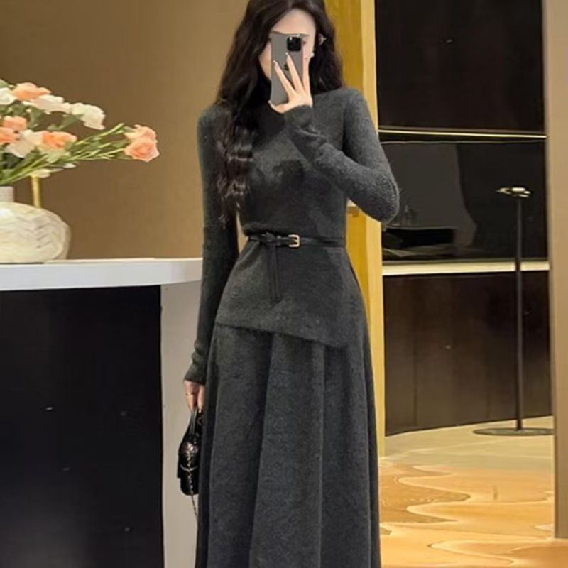 KANING Koreanischer Stil Gestricktes Zweiteiliges Herbst-Winter-Set mit französischem High-End-Pulloverrock_voghion.com