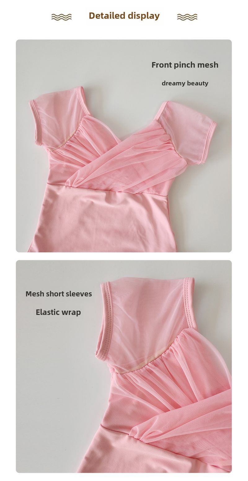 Ropa de baile de verano nueva para niños, ropa de entrenamiento para niñas, ropa de baile de gimnasia de ballet de malla de ortografía de manga corta en stock_voghion.com