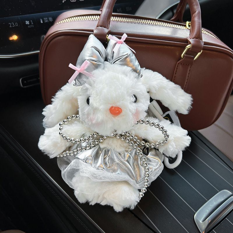 Neu Perlen Schleife Silber Leder Rock Plüsch Hängeohren Kaninchen Cartoon Anhänger Niedlichen Häschen Puppe Tasche Charme_voghion.com