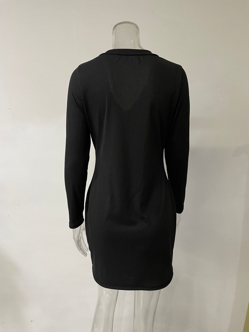 Robe côtelée tricotée décontractée pour femmes, manches longues, jupe portefeuille à la taille avec boutons sur les hanches_voghion.com