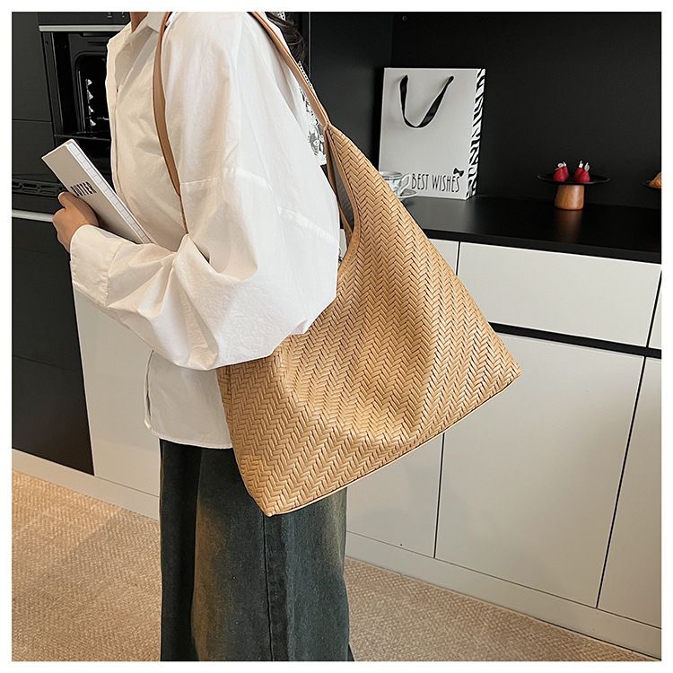 Borsa a tracolla singola alla moda con motivo intrecciato, grande capacità, per le donne, 2025_voghion.com