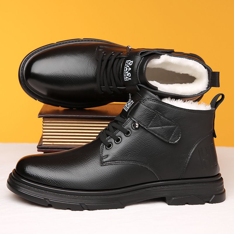 Herren Winter Mit Fleece, Warm, Rutschfest, Lässige High-Top-Schuhe, Business-Stiefel, Verdickte Baumwolllederschuhe_voghion.com