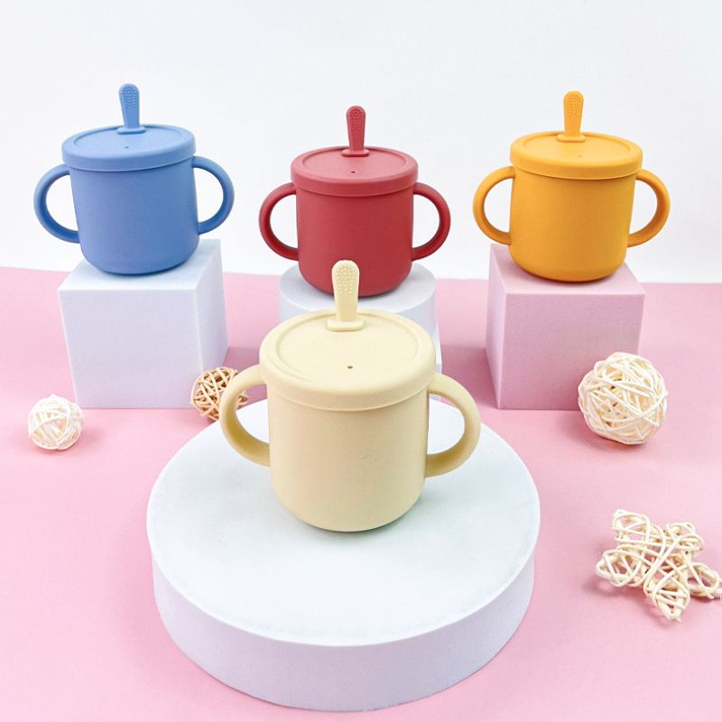 Conjunto de alimentação de bebê de silicone sem BPA, tigela de sucção, prato de jantar, canudo, copo, colher, garfos para crianças, utensílios de mesa para bebês, pratos infantis_voghion.com