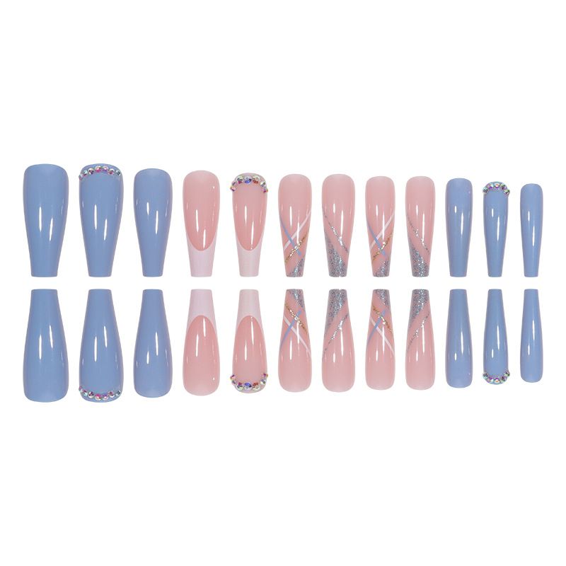 Unghie finte lunghe con french press a strisce blu, applicabili con colla/gel, riutilizzabili, per nail art da donna_voghion.com