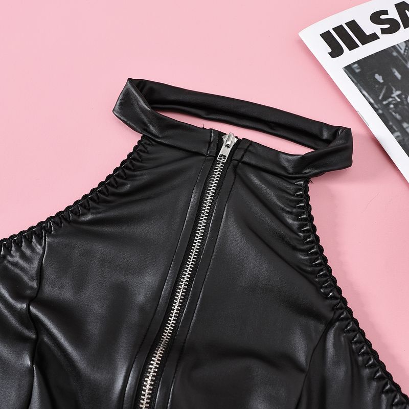 Damskie majtki Nowy produkt PU Skóra Zamek błyskawiczny z przodu Siatka Łączenie Pleców Talia Modelująca Seksowny Kombinezon_voghion.com
