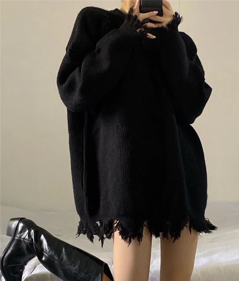 Maglione lavorato a maglia nero punk stile gotico Deeptown da donna maglione oversize con scollo a O gotico grunge moda coreana lungo_voghion.com