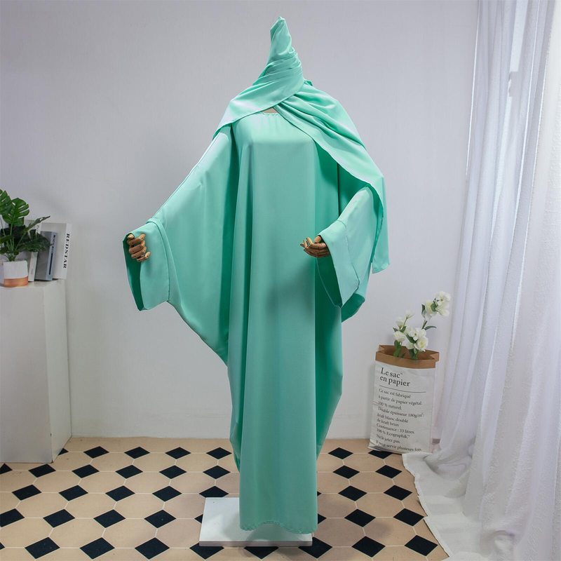 Dammekleeder Einfarweg Arabesch Kleed Fraekleed mat Kappduch Abaya Casual Loose Fliedermausärmel Robe_voghion.com