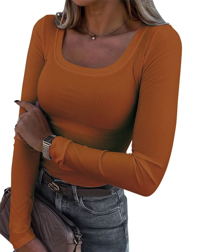 Women's Clothing Long Sleeved Slim Elastic Round Neck Ribbed T Shirt Casual Basic Tops_voghion.com