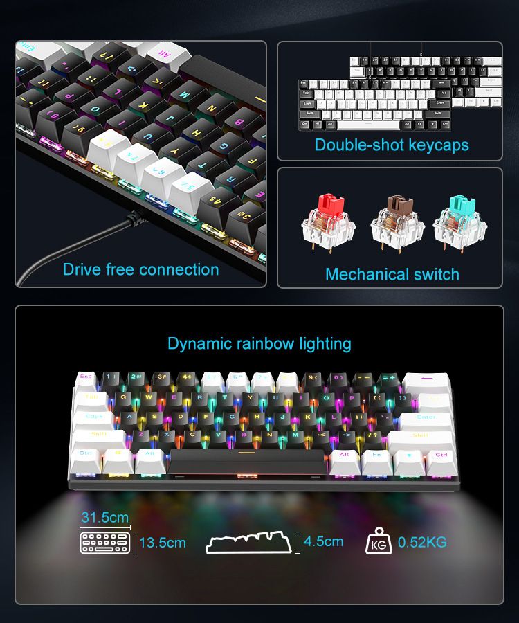 Real Mechanical BD61 Blue Red Axis Double Color Matching RGB Hot Swap Gaming Wired Keyboard Cross-Border In Stock_voghion.com