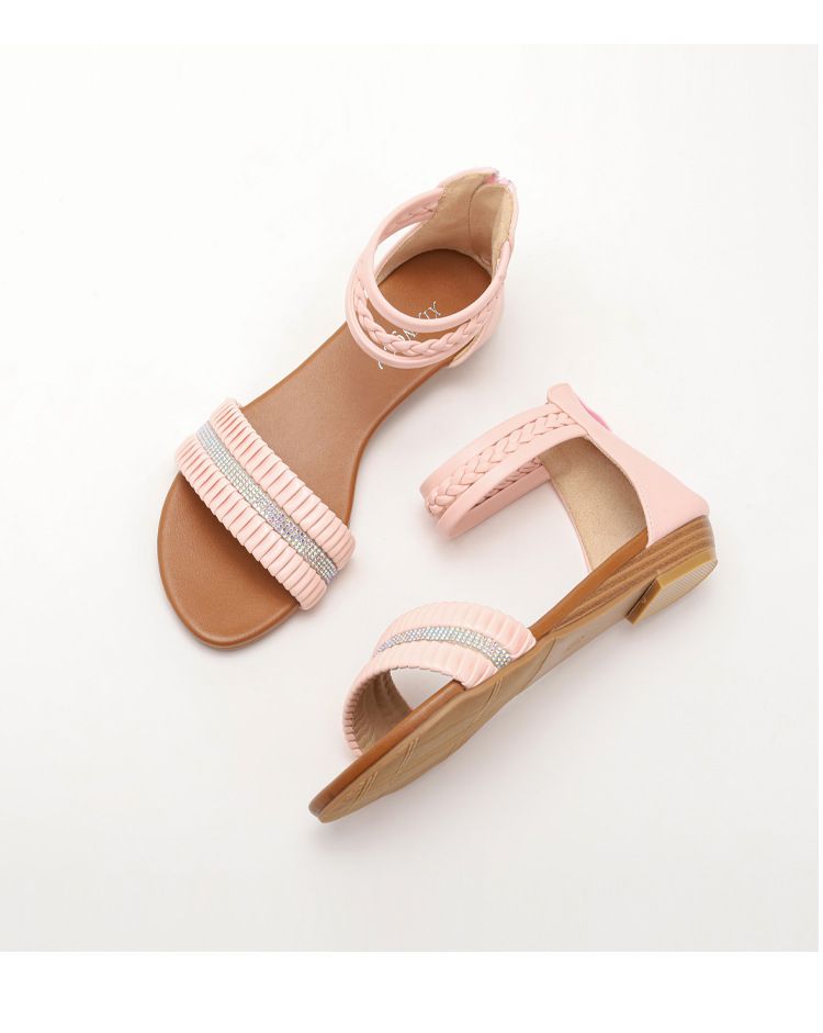wedge sandals for women round head rhinestone fairy style one-word Roman sandals for women_voghion.com