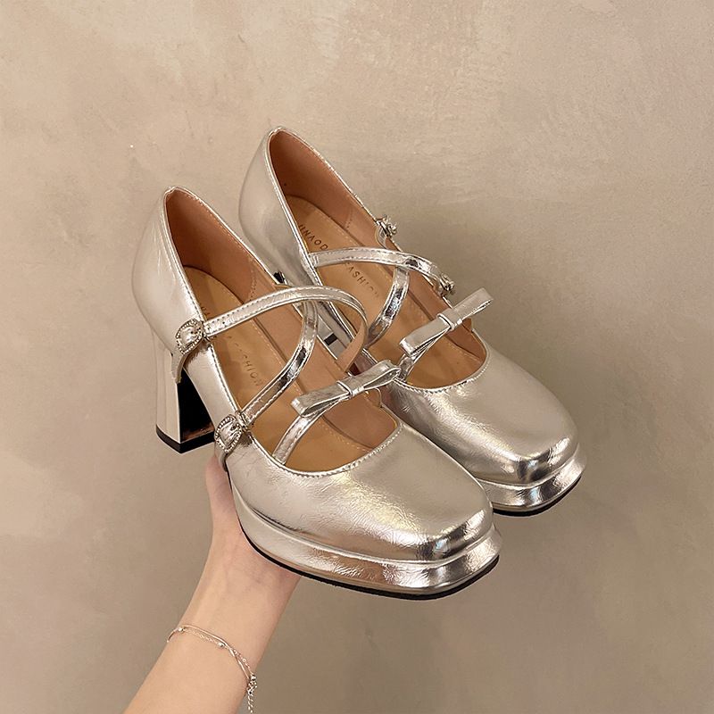 Platform High Heel Silver Mary Jane Women's Shoes, One Strap Square Toe Single Shoes_voghion.com
