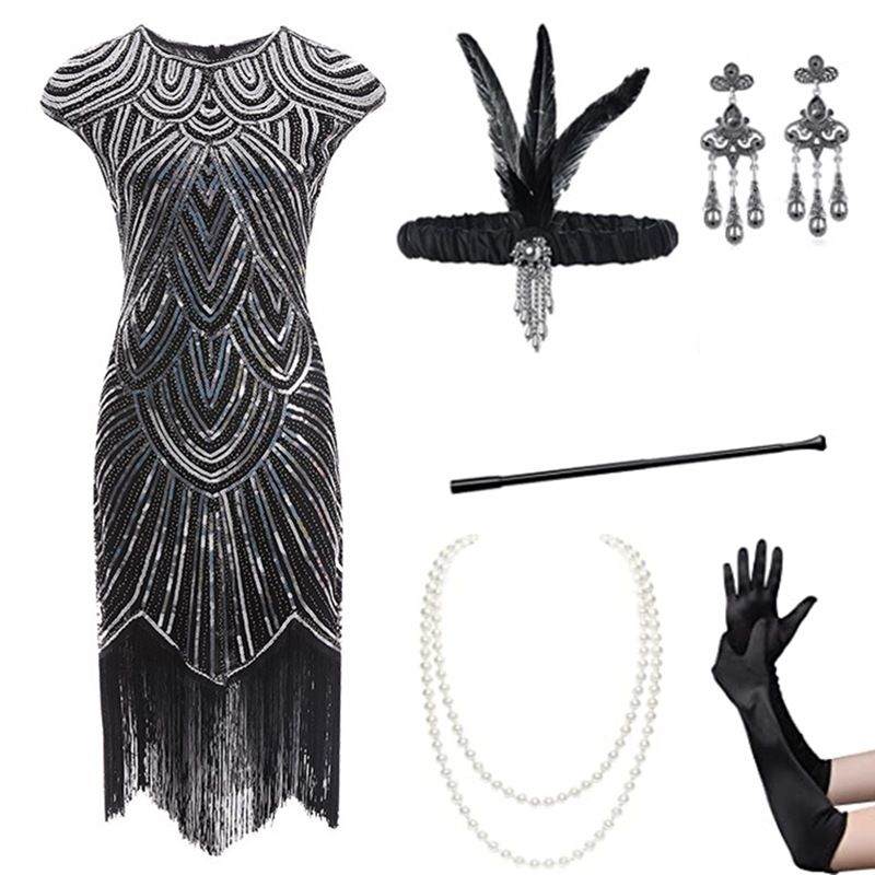 High quality 1920S sequined Gatsby dinner fringe dress accessories headwear set_voghion.com