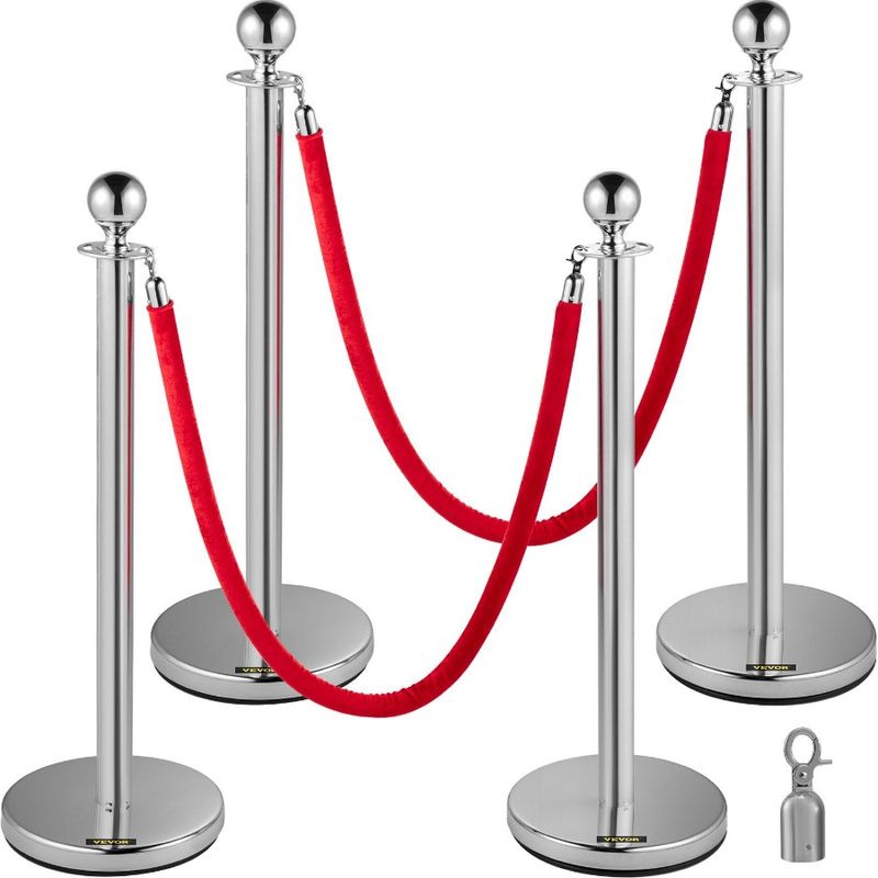 Silver Crowd Steel Rope Control For Queue Stainless 38In Velvet Barriers Pa Ropes 4PCS Queue Stanchion Posts Line Red Barriers_voghion.com