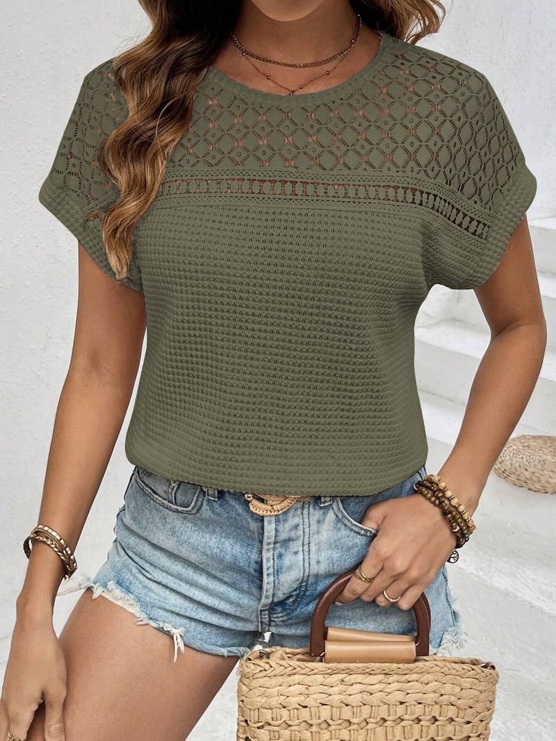 2025 Women's Summer New Top With Shoulder Mesh Hollow Out Breathable Versatile Short Sleeve T-shirt_voghion.com