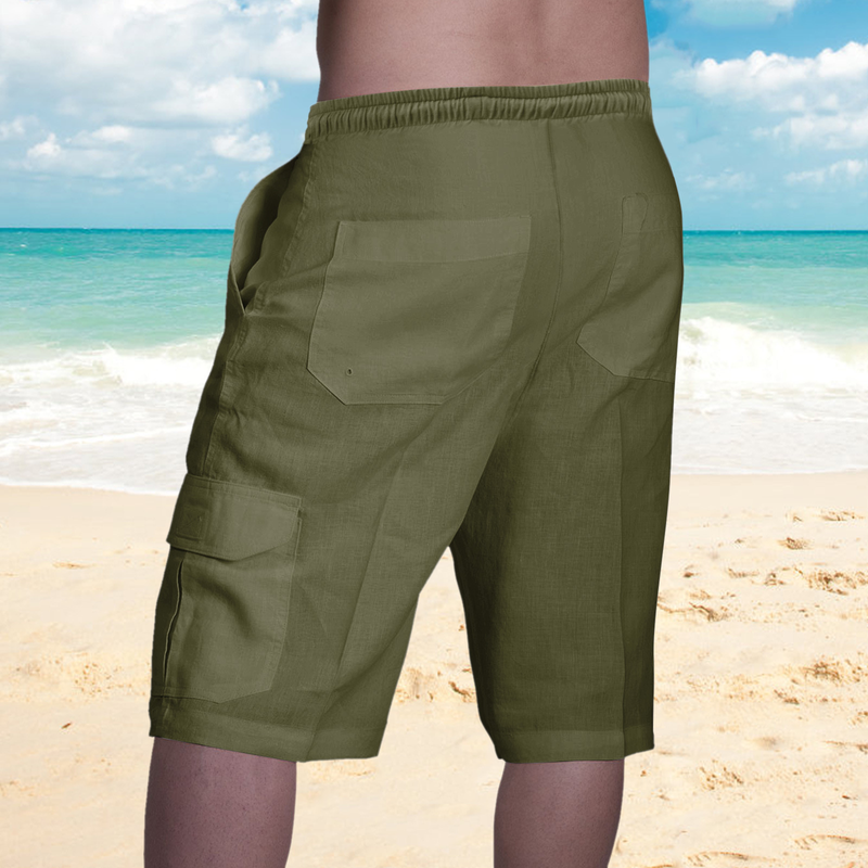 2022 nuovi pantaloncini di lino multitasche con lacci pantaloni da lavoro da spiaggia da uomo_voghion.com