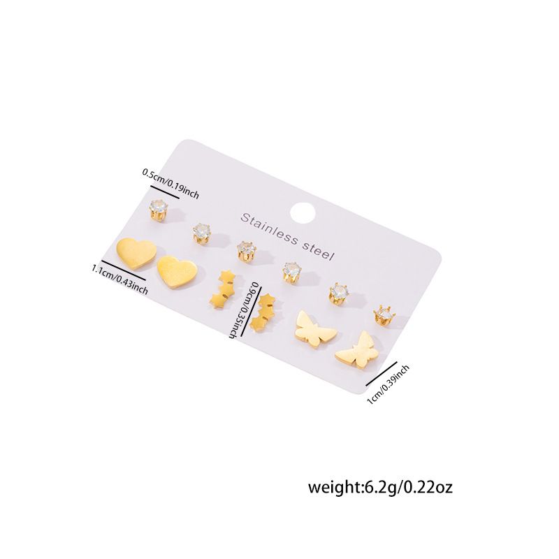 1 Set Simple Style Geometric Heart Shape Butterfly Irregular Plating Titanium Steel Zircon Ear Studs_voghion.com