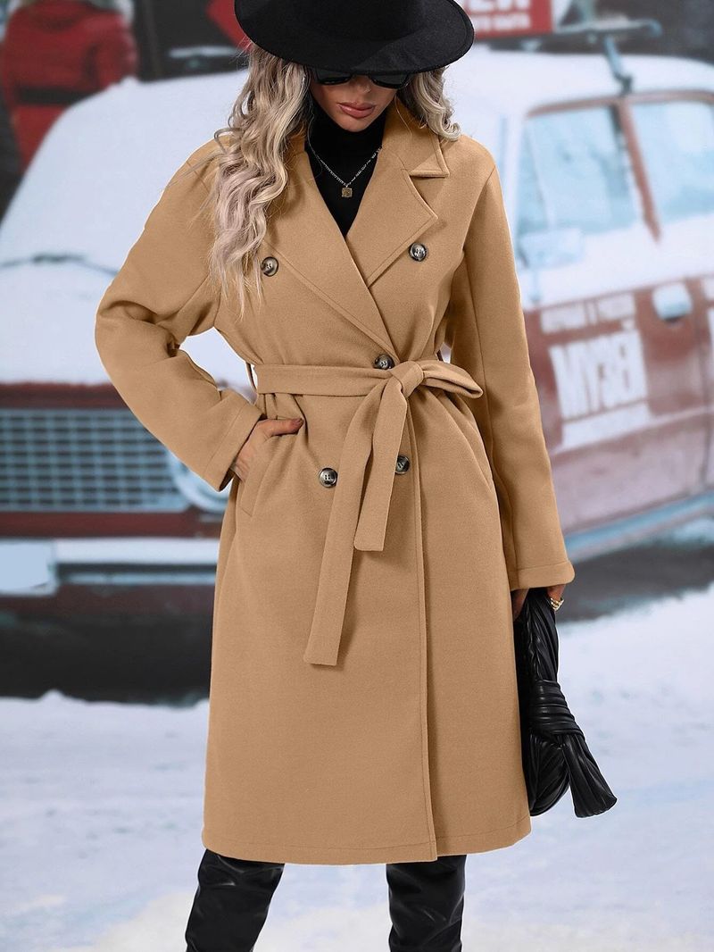 Cappotto doppiopetto da donna in lana con cintura e revers a lancia - Trench lungo classico per autunno e inverno (disponibile in 5 colori)_voghion.com