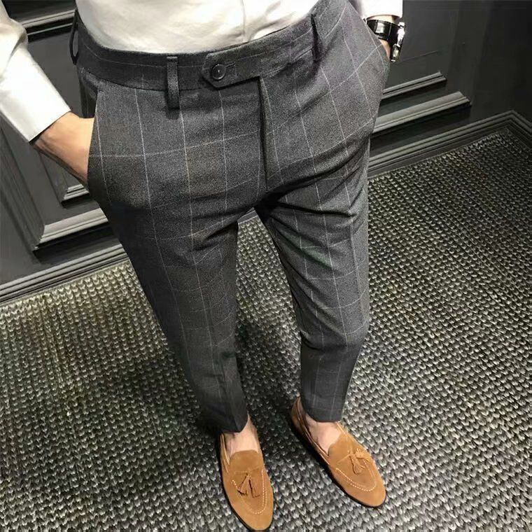 Herrenbekleidung Frühlingskarierte Freizeithose für Herren Slim Fit Skinny Hose Neun-Punkt-Hose Herrenhose Trendy Anzughose_voghion.com