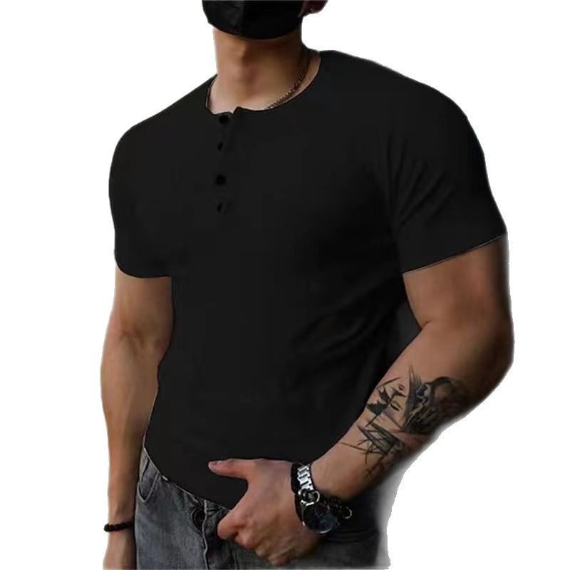 Unbeatable Quality Solid New Summer Versatile Short Sleeve Henry Shirt Casual Men's T-shirt_voghion.com