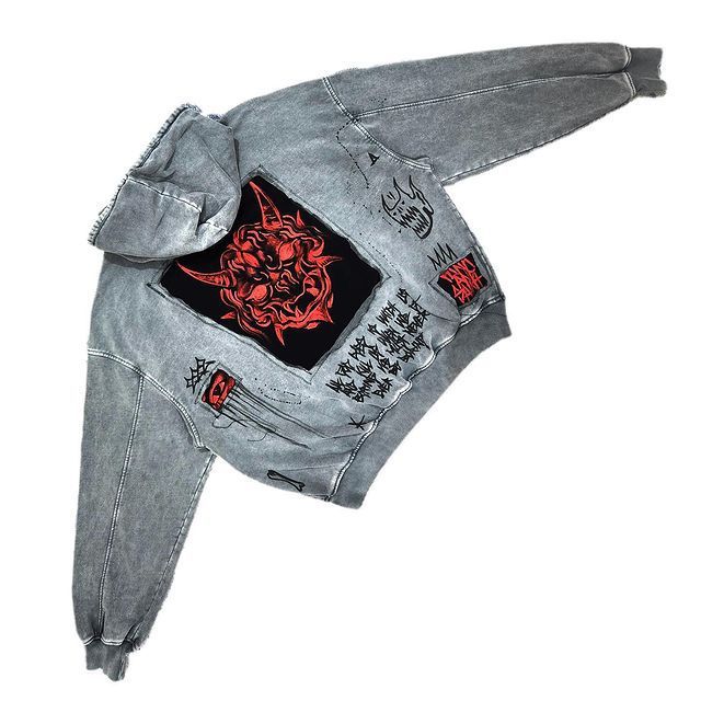 Felpa con cappuccio pesante e larga con stampa diavolo unisex retrò da uomo_voghion.com