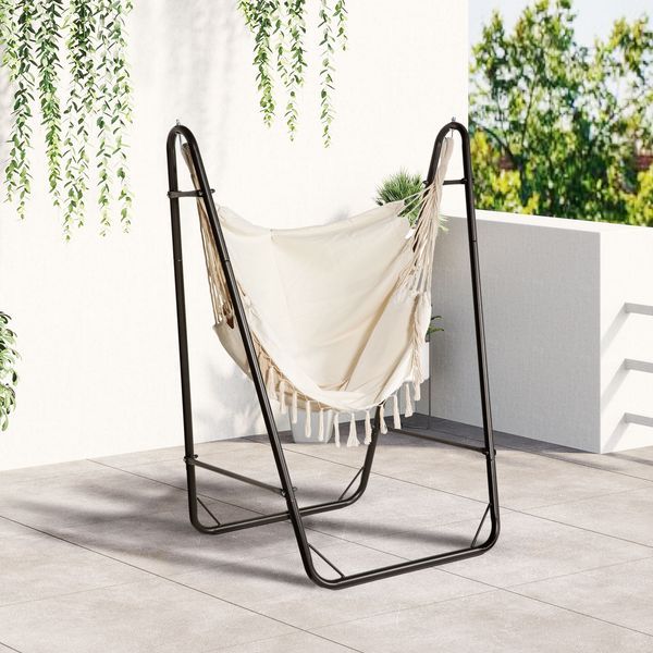Lounge Hammock Chair With Curved Stand & Storage, Two-Tone Cream & Brown|_voghion.com