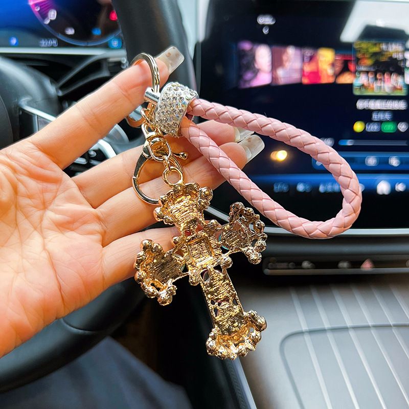 New Creative Leather Rope Alloy Cross Keychain Car Key Pendant Korean Style Personalized Bag Decoration Hanging Chain_voghion.com