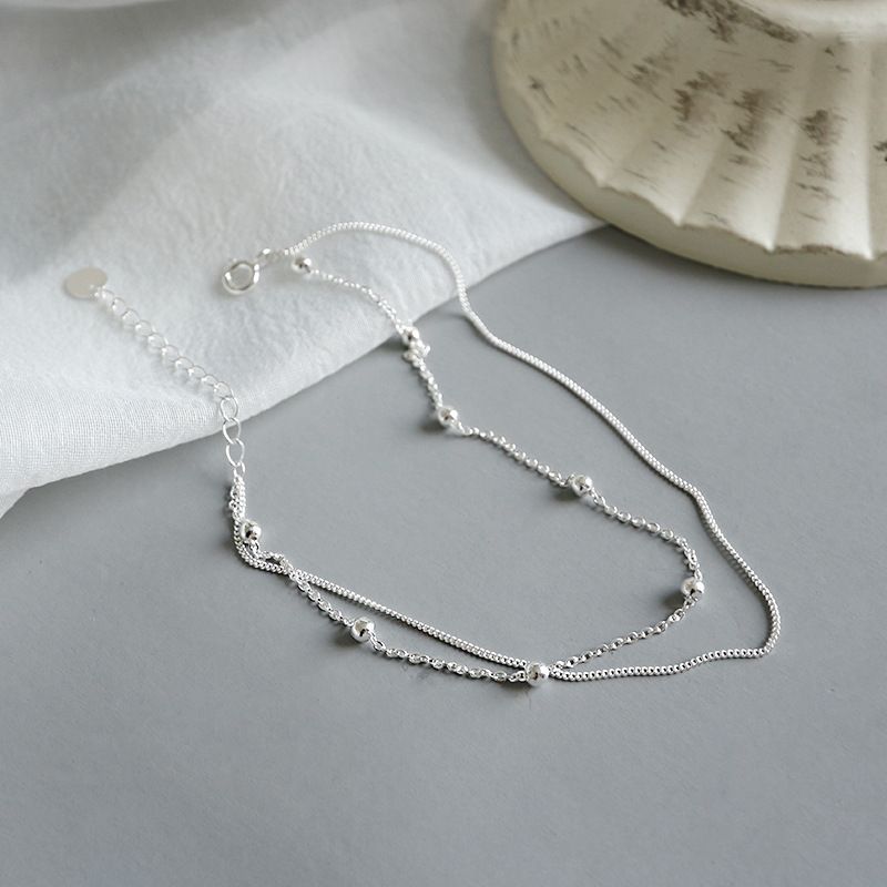 366 Korean Version Student Girl Elegant Personality Simple Versatile Beaded Double Layer S Pure Silver Anklet Chain_voghion.com