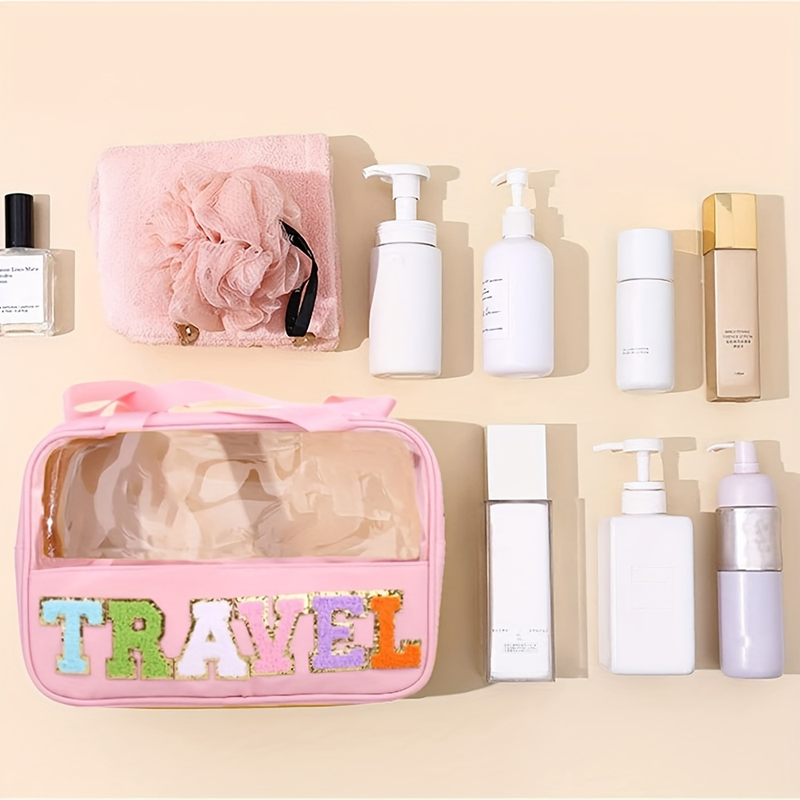 Transparent Letter Pattern Makeup Bag With Handle, Lightweight Portable Waterproof Travel Essentials Large Capacity Cosmetic Bag Zipper Pouch_voghion.com