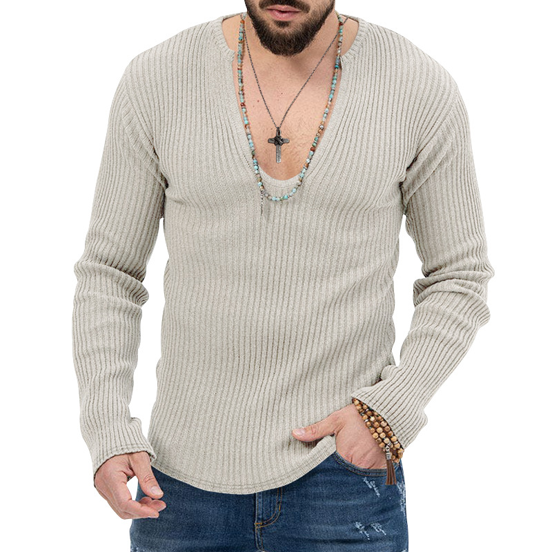 Men's Trendy Spring And Autumn Deep V-neck New Solid Color Knitted Long Sleeve Shirt_voghion.com