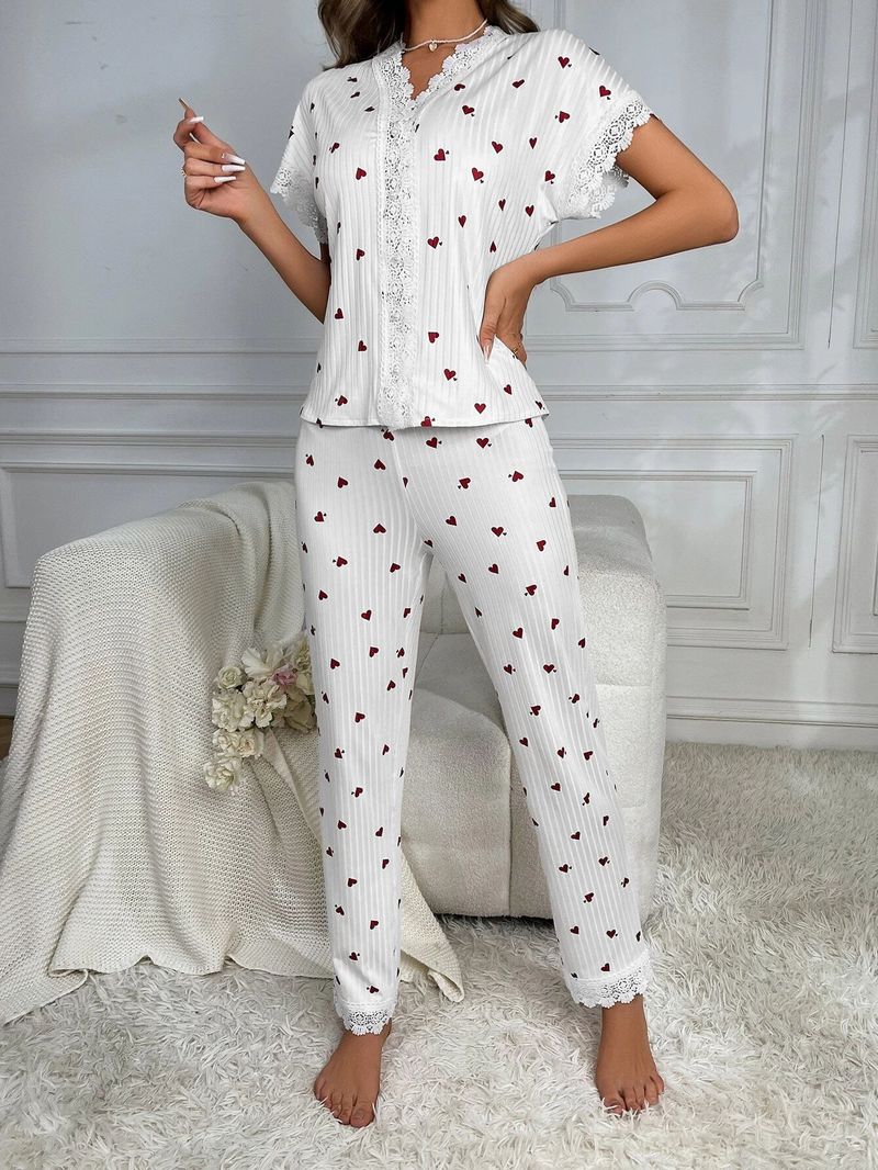 Bayan Ev Giyim Pijama, Kısa Kollu Üst ve Pantolon İki Parça Set, Kiraz Desenli._voghion.com