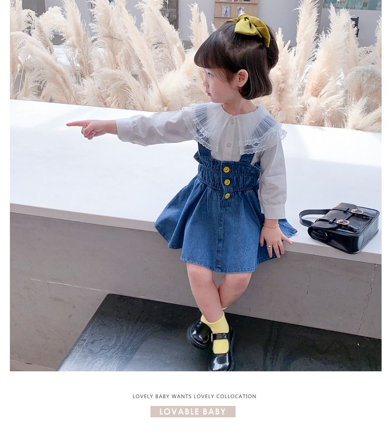 Kinder Kleidung großhandel mädchen anzug herbst neue stil kinder nette große revers hemd plus denim overalls rock zwei stück anzug_voghion.com