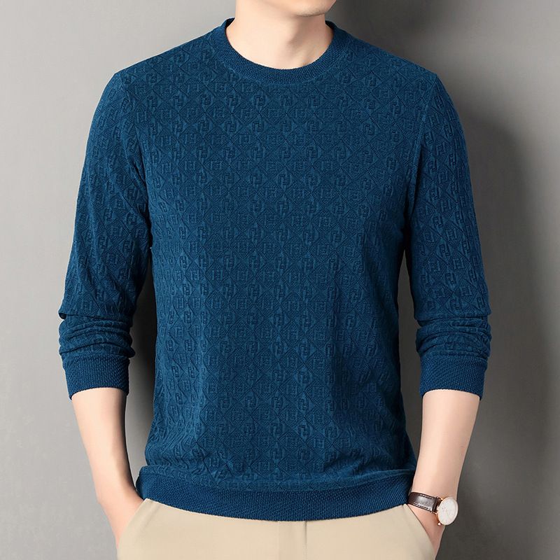 Sudadera de manga larga jacquard con transmisión en vivo para hombre, nueva colección otoño 2024, camiseta de base fina con cuello redondo para hombre_voghion.com